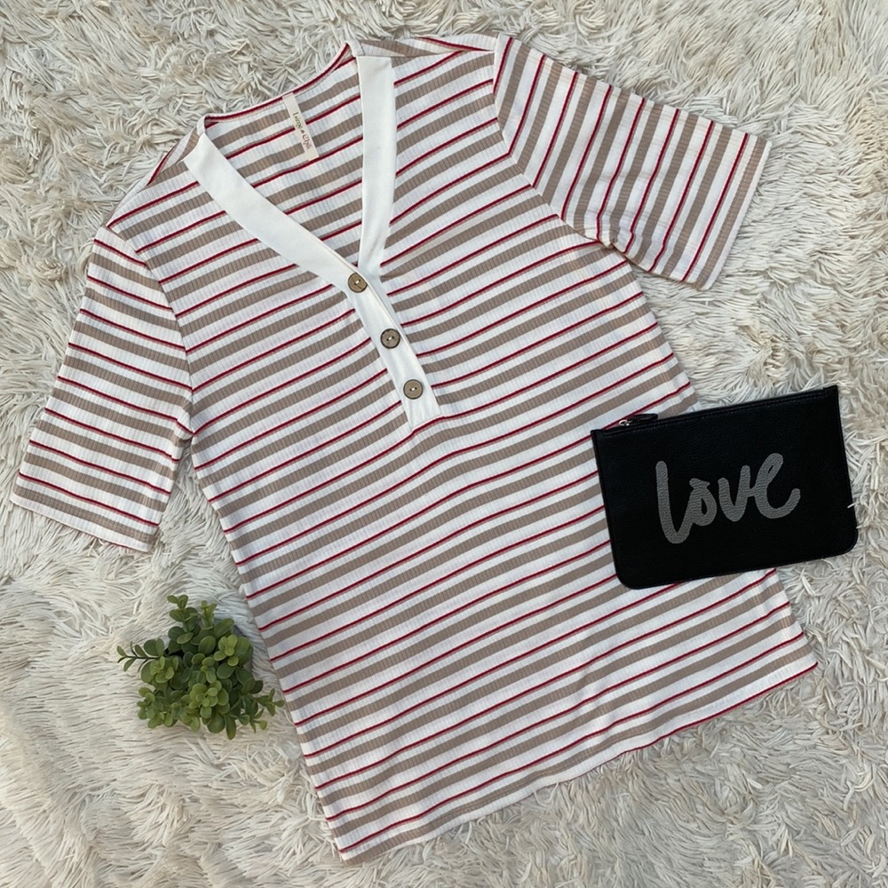 Lime n Chili SS Stripe Top 💗 White Tan & Red